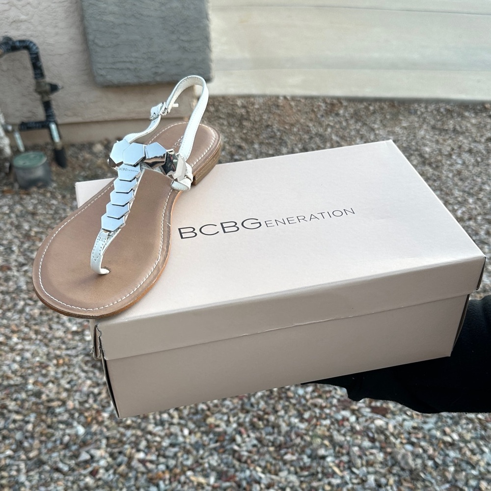 BCBGeneration Metallic Silver T-Strap Thong Sandals